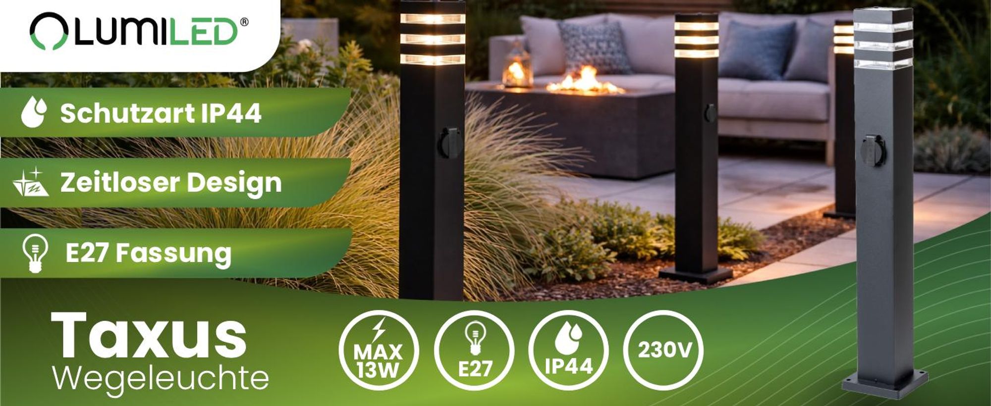 LUMILED Wegeleuchte Außen Pollerleuchte Außenstehleuchte Stehlampe Außenleuchte mit Steckdose Gartenleuchte Stromsäule 80cm IP44 E27 Fassung max 13W