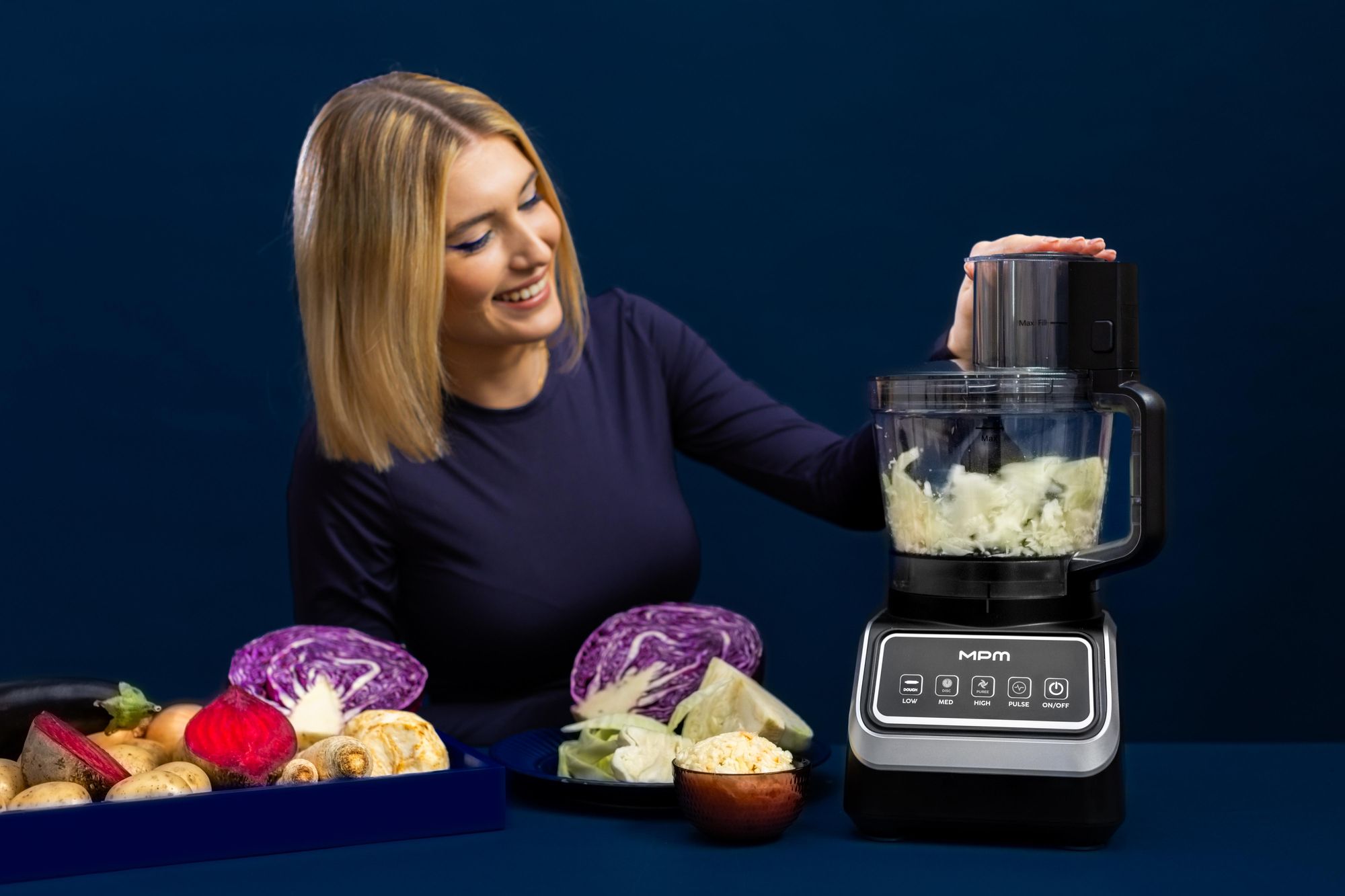 MPM Küchenmaschine 2000W Food Processor 11in1 Mixer Blender Zerkleinerer Reibe Entsafter Eiscrusher 2,6L 1,5L, Kartoffelpuffer, Edelstahl MRK-27