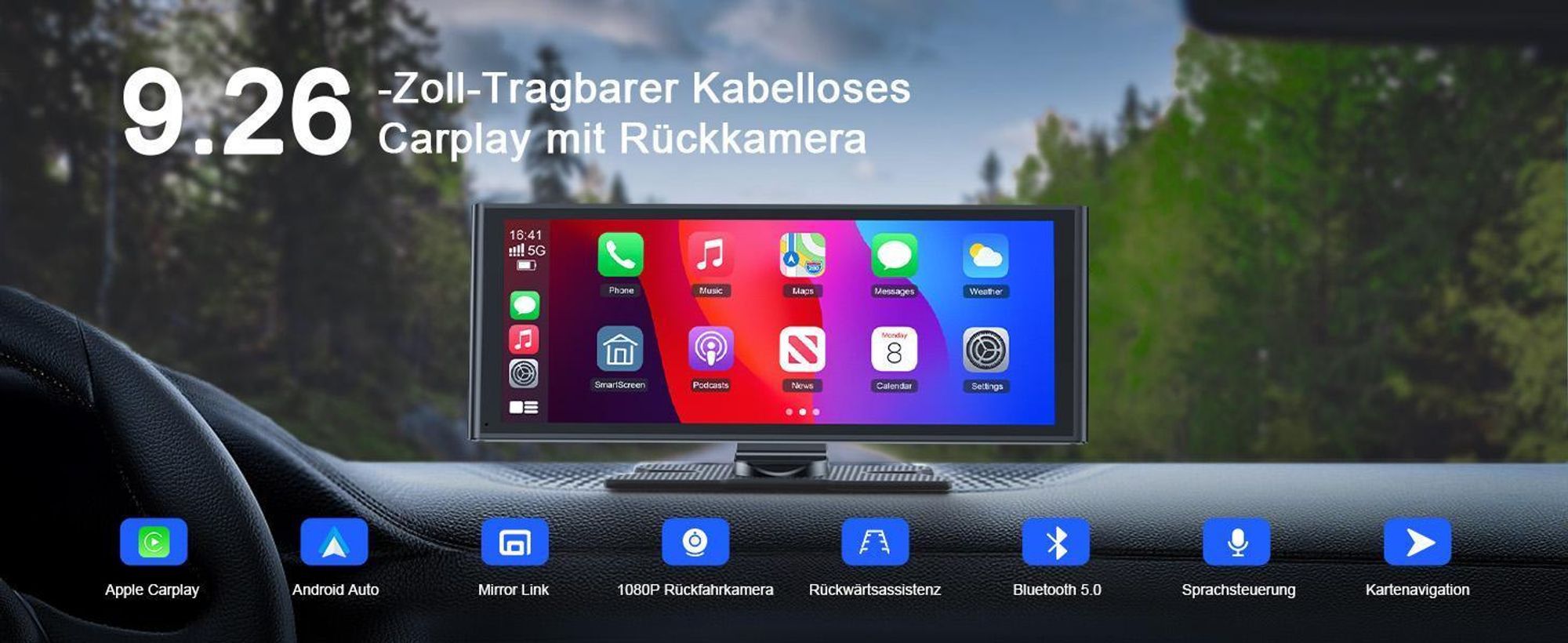 9.26 Zoll Carplay Display mit 2.5K Dashcam Auto Vorne,1080P Rückfahrkamera, Wireless A-pple Carplay Android Auto, Mirror Link