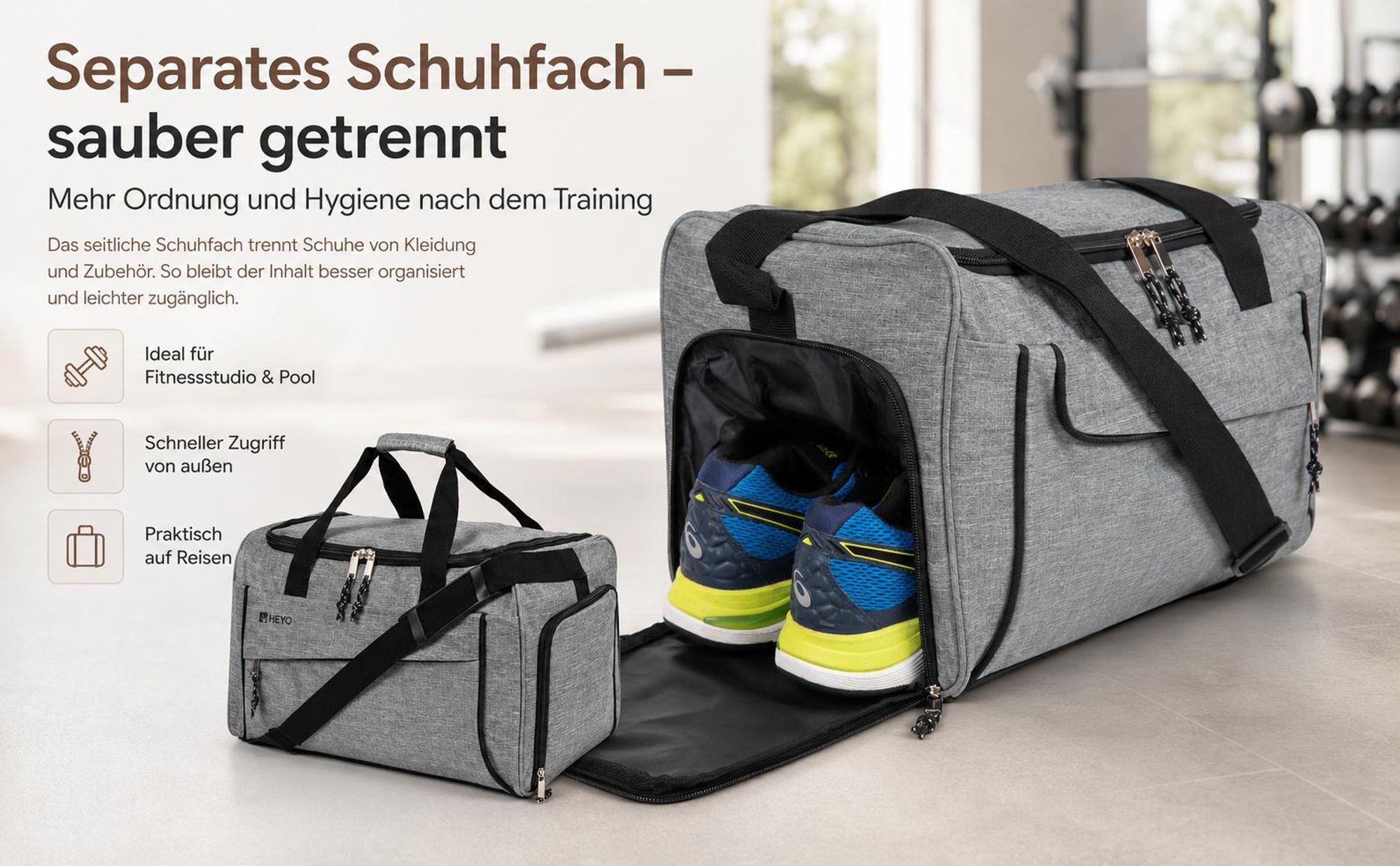 HEYO Sporttasche Unisex Reisetasche Schuhfach 36L 50x26x28cm Beige