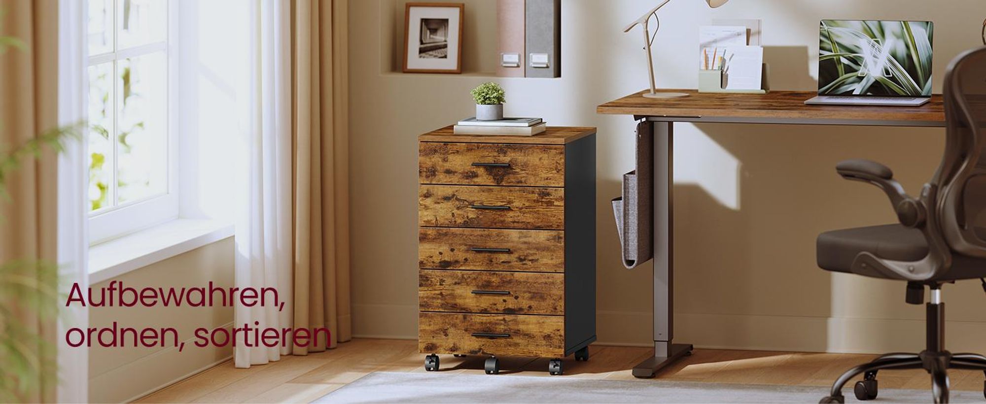 VASAGLE Rollcontainer, Aktenschrank, Schubladenschrank, Druckerständer, 5 Schubladen, mit werkzeuglosen Gleitschienen, braun