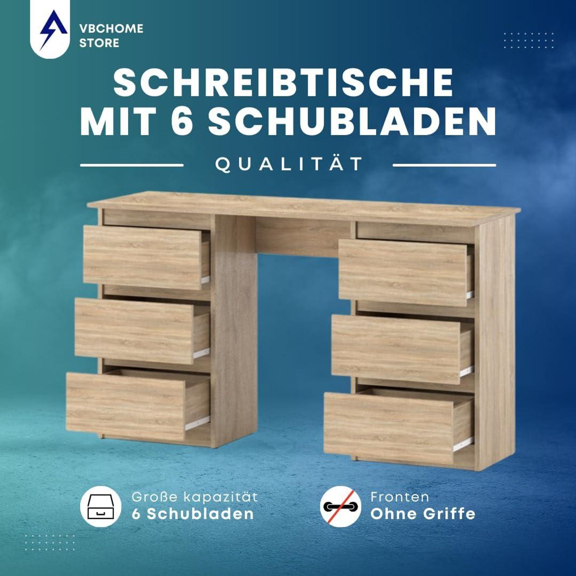 VBChome Schreibtisch 120x50x75 cm Eiche Sonoma Bürotisch mit 6 Schubladen Computertisch PC-Tisch Arbeitstisch Laptoptisch Home Office Schreibtisch