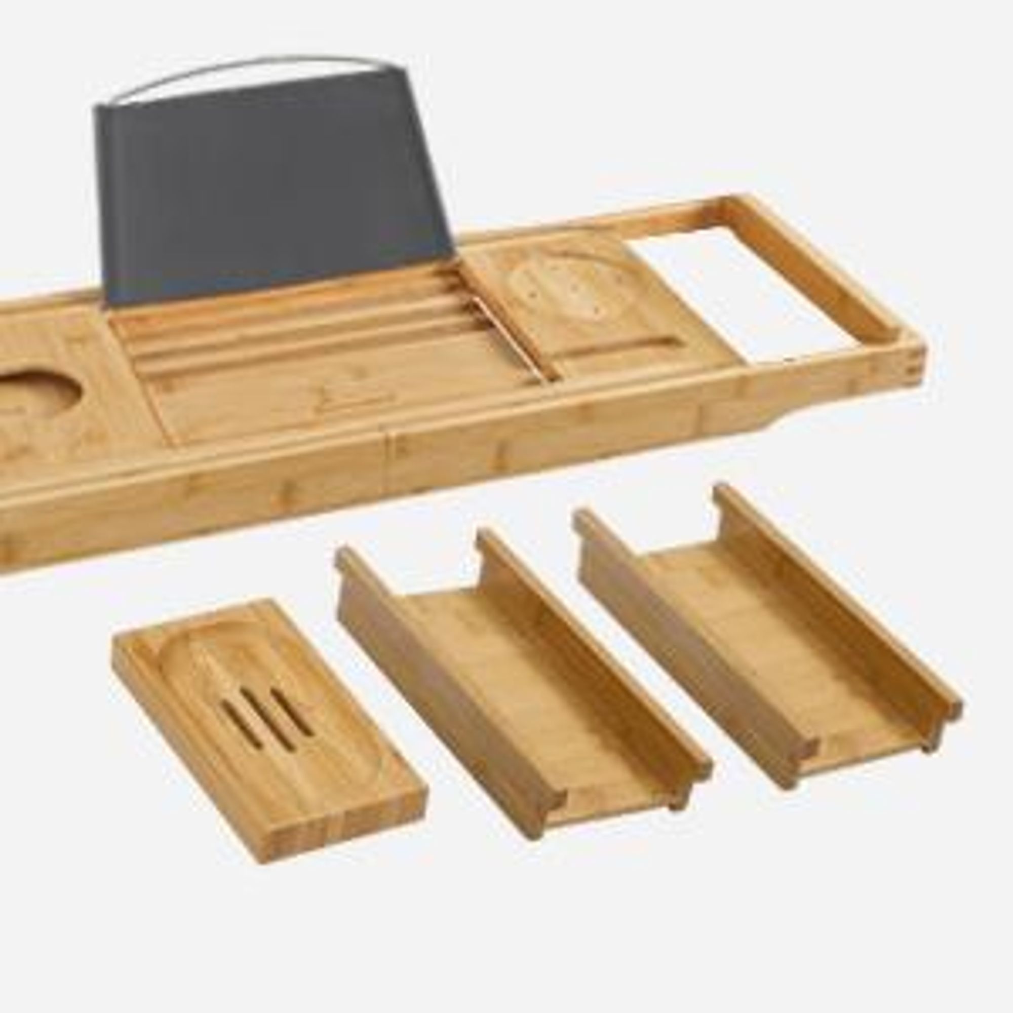 SONGMICS Badewannenablage, verstellbar, mit Getränkehalter, Handy-Stütze