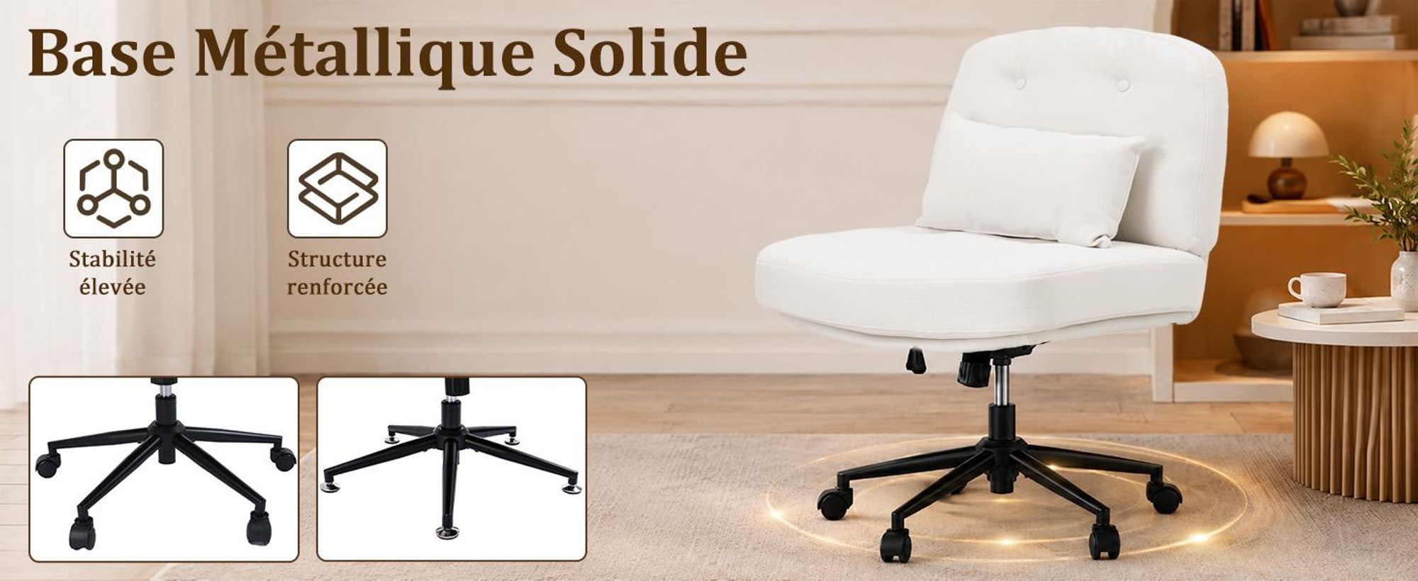 Chaise, pivotante, dossier réglable Chaise de Bureau Ergonomique Sans Roulettes, Pivotante avec Assise Large, Réglable en Hauteur, Coussin, Beige