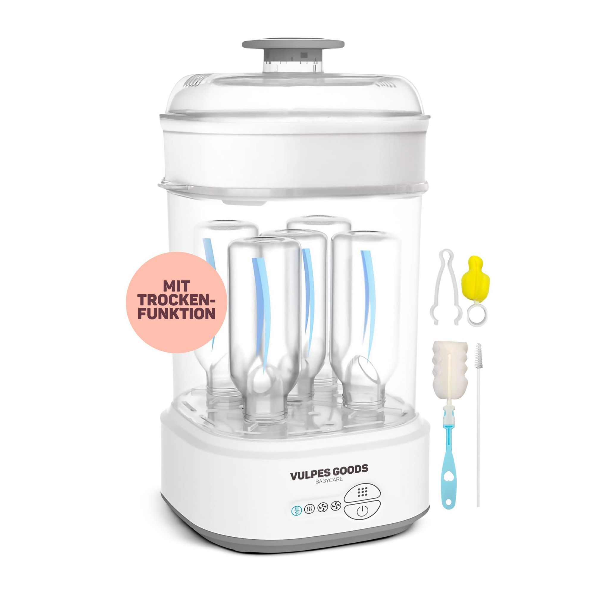 Vulpes Goods PRO Sterilisator für Babyflaschen 5-in-1 Komplettfunktion, Flaschensterilisator Baby Reinigungsset mit Dampftechnologie