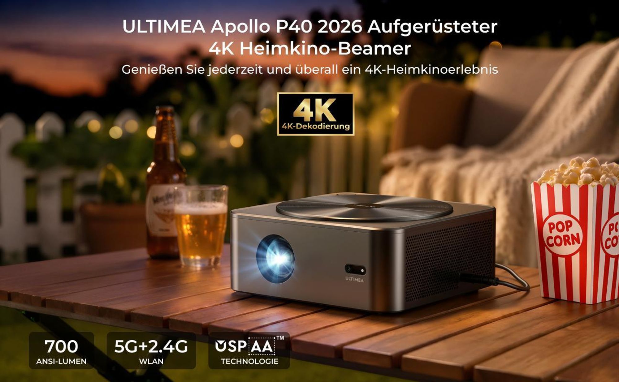 Ultimea Apollo-P40 Beamer 4K unterstützter, Aktualisierte Version mit Hindernisvermeidung 700 ANSI, intelligenter Bildschirmausrichtung,