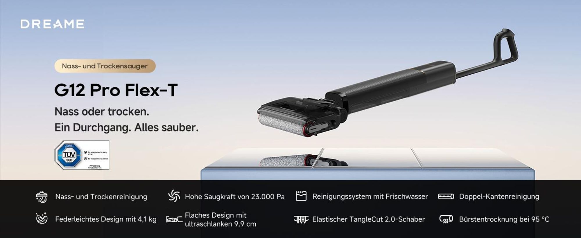 Dreame G12 Pro Flex-T Nass- und Trockensauger,23,000Pa Akku-Staubsauger,180° klappbar,entknotungsfrei,95°C Trocknung,60°C Heißwäsche,TangleCut,Schwarz