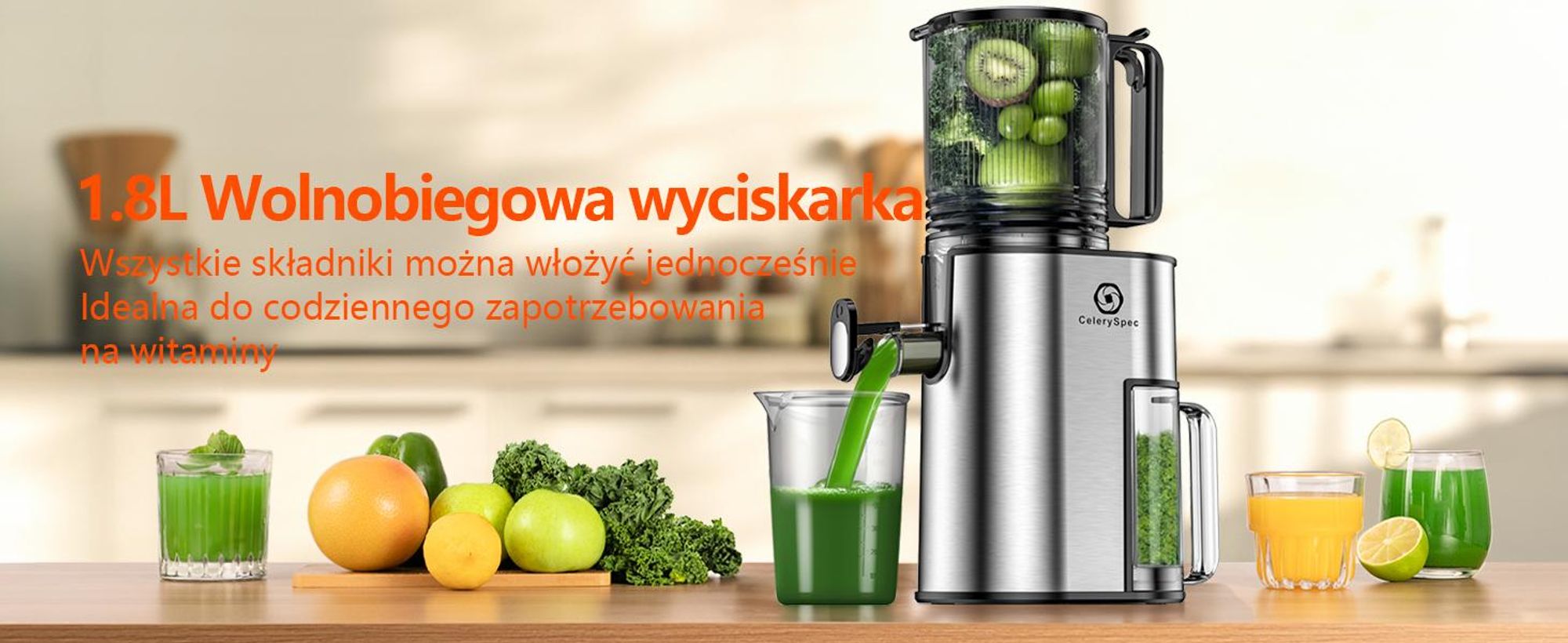 CelerySpec SJ-048-EU-SS Wolnoobrotowa Sokowirówka - 250W Potencia 1.8L Duża pojemność Dwa otwory do podawania soku 130 mm i 45 mm - Argento