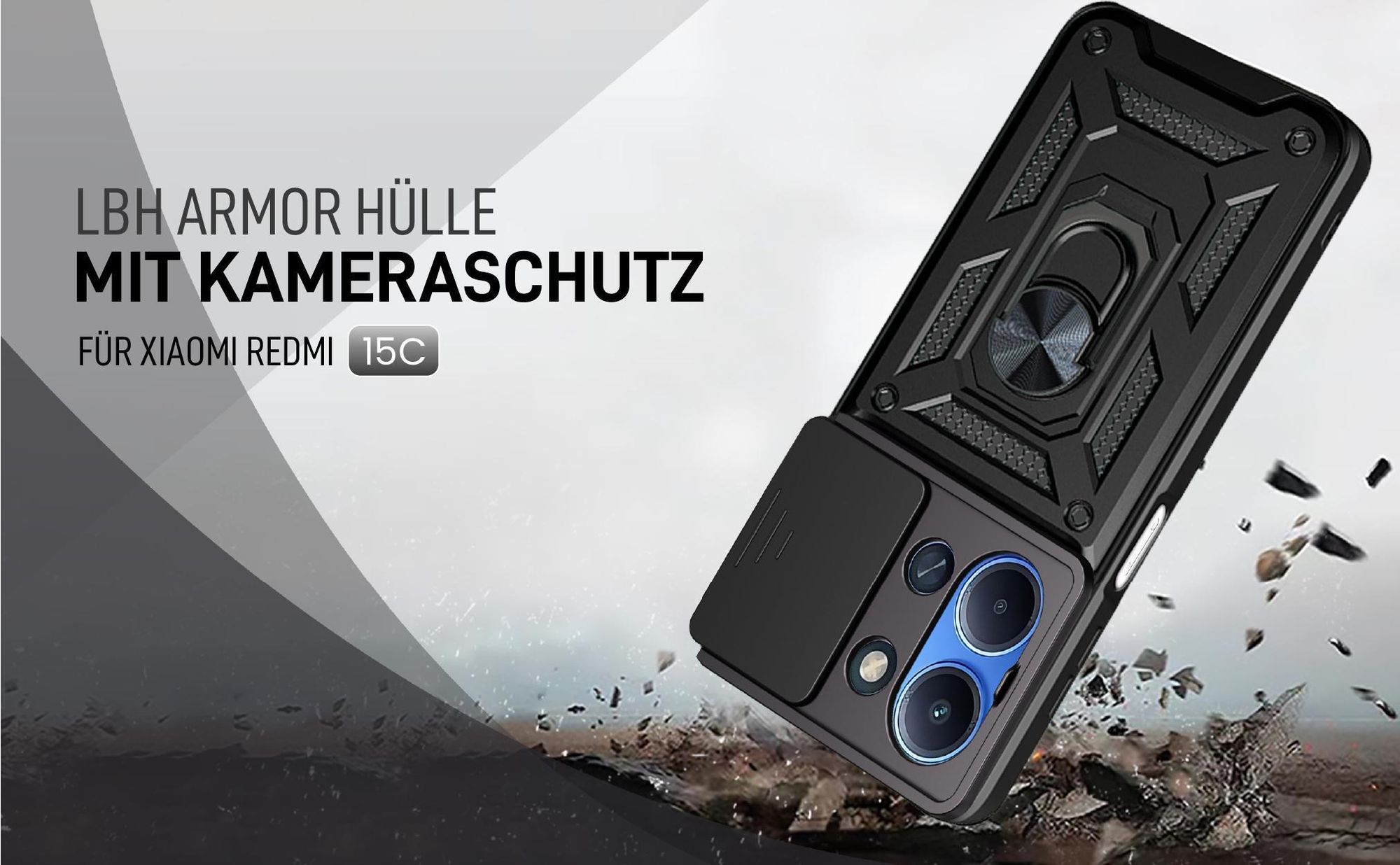 Schwarze Outdoorhülle mit Kameraschutz für Xiaomi Redmi 15C