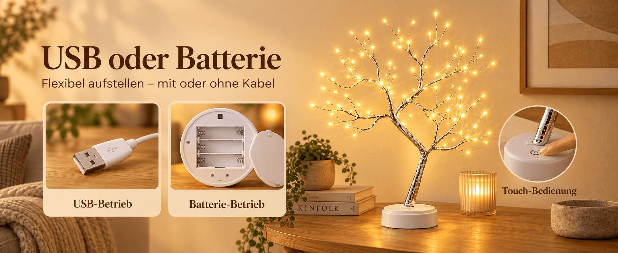 108 LED-Glühwürmchen-Bonsai-Baum-Lichter, künstlicher Feenbaum, USB/batteriebetrieben, Touch-Schalter, weiße Lichter, Baumlampe