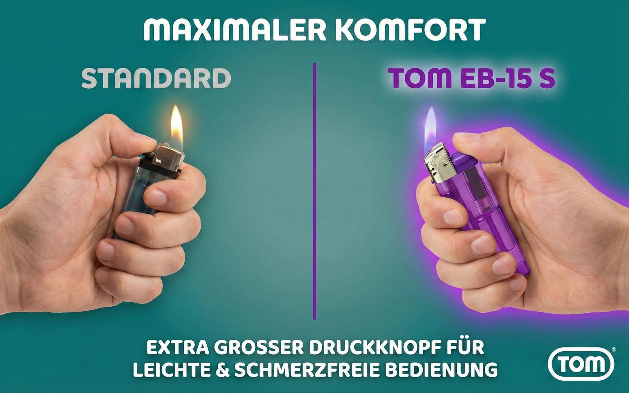 TOM Elektronik Feuerzeuge | Display | 50 Stück | Nachfüllbar | 5 Farben | Soft Flame | Elektronisch