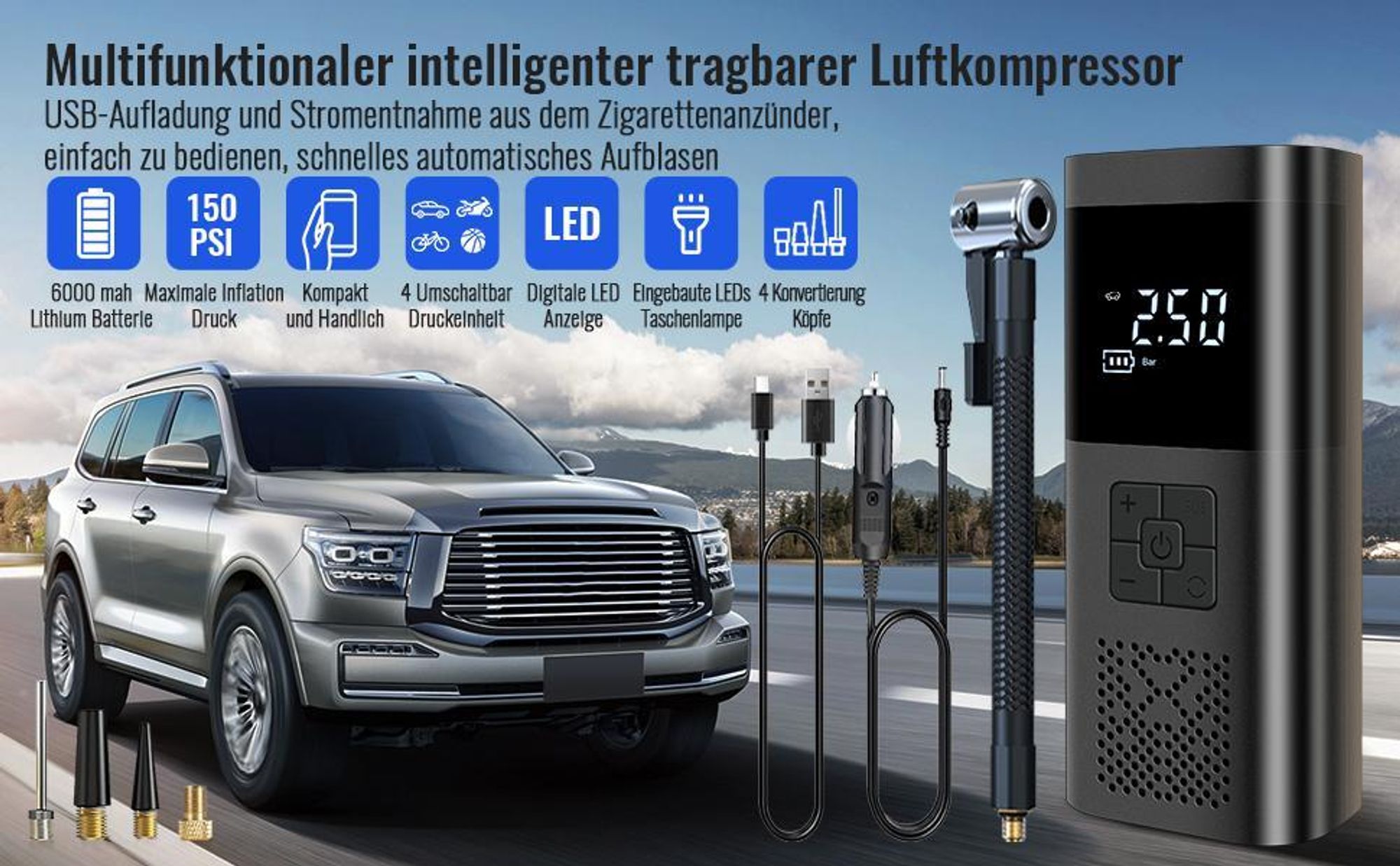 Elektrische Luftpumpe, Akku Luftpumpe, Tragbar Luftmatratze mit 6000mAh Akku, 150PSI Elektrischer Luftkompressor, Mini Kompressor, mit LCD-Display