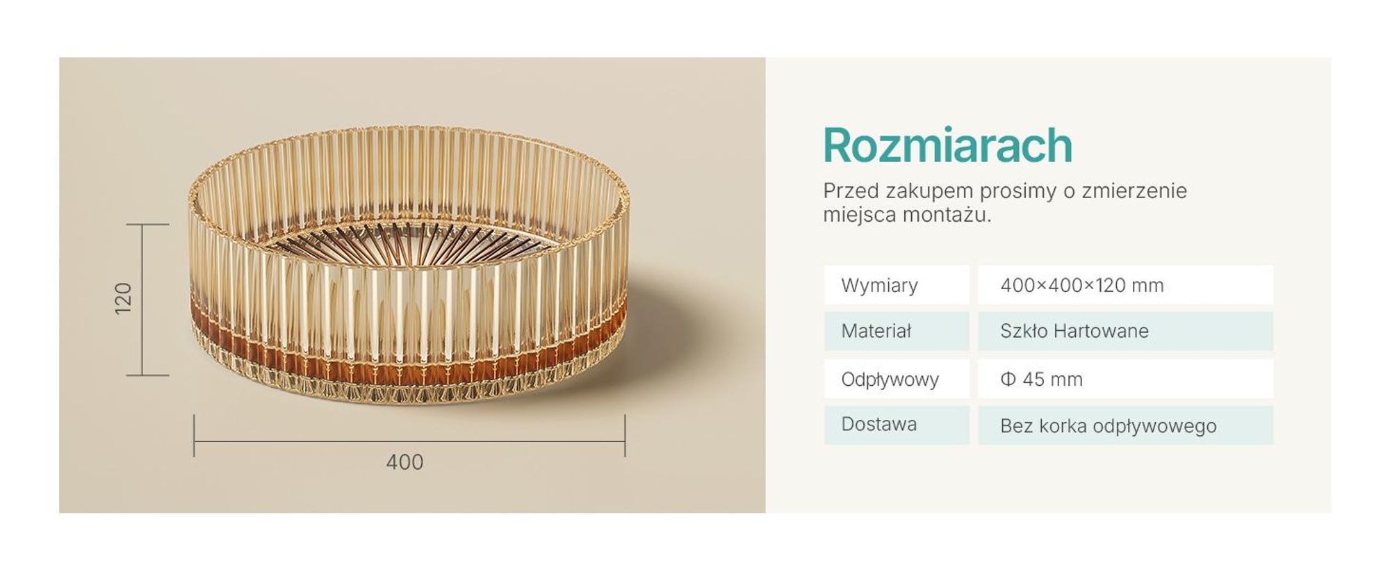 EMKE umywalka nablatowa okrągła 400x400x120mm wykonana z hartowanego szkła kryształowego, galwanizowana w kolorze różowego złota, bez otworu na baterię i przelewu, nowoczesny design