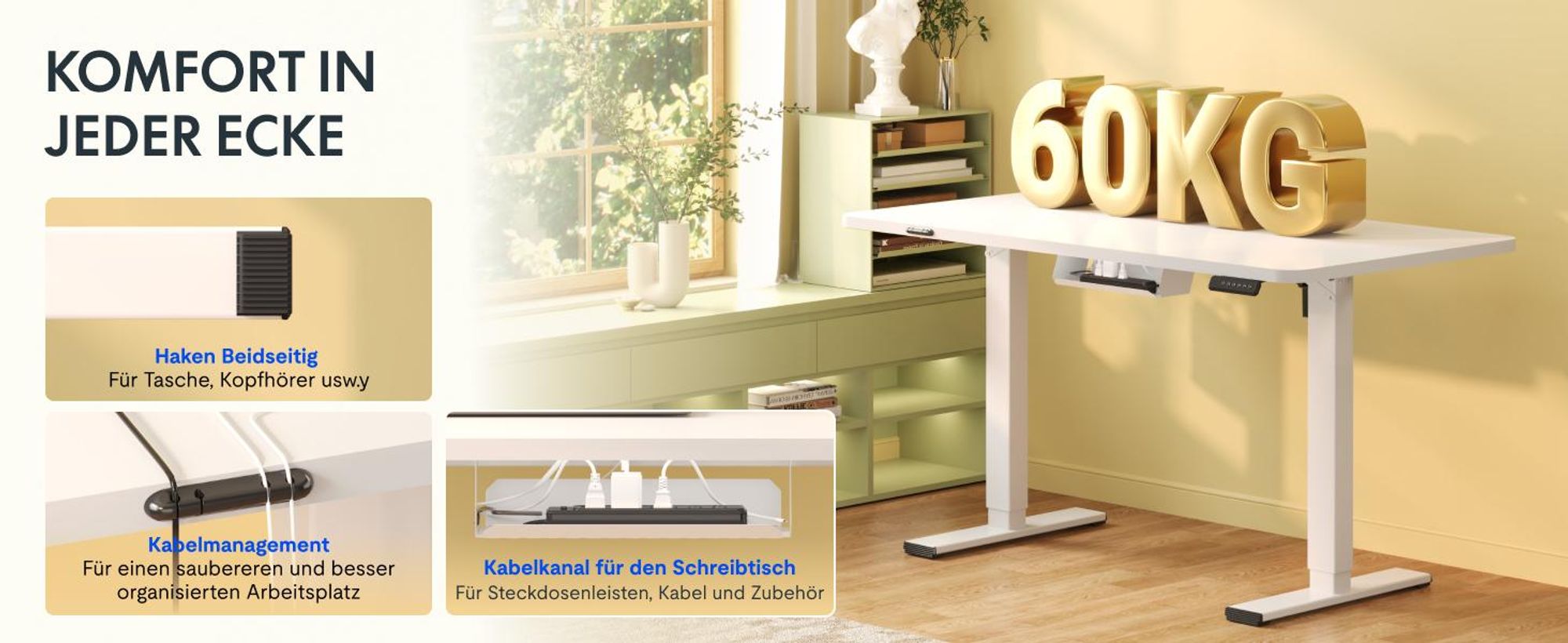 FLEXISPOT EN1 Höhenverstellbarer Schreibtisch 100x60cm elektrisch mit einteiliger Tischplatte, Kabelmanagement & Ablagefach, 4 Memory-Funktion (Weiß)