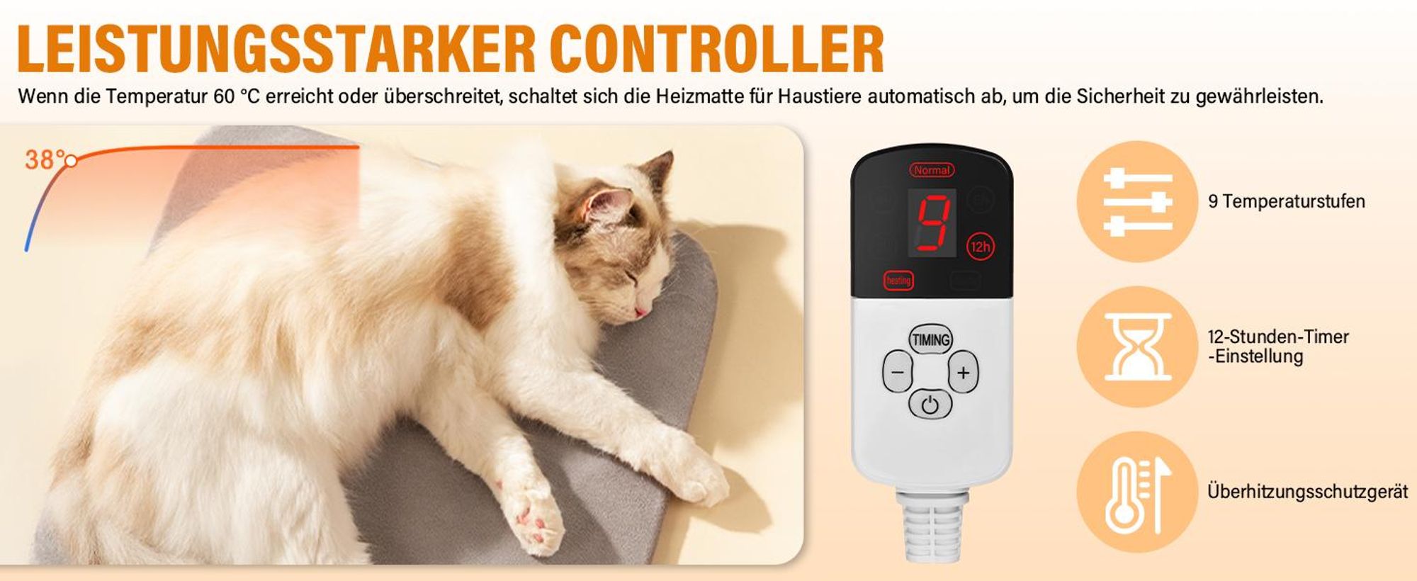 Heizdecke Hund, Heizmatte Katze, Haustier Heizkissen, Wärmematte, Wärmedecke, 9 Temperaturstufen, Waschbar Wärmedecke Elektrisch Hund mit Timer