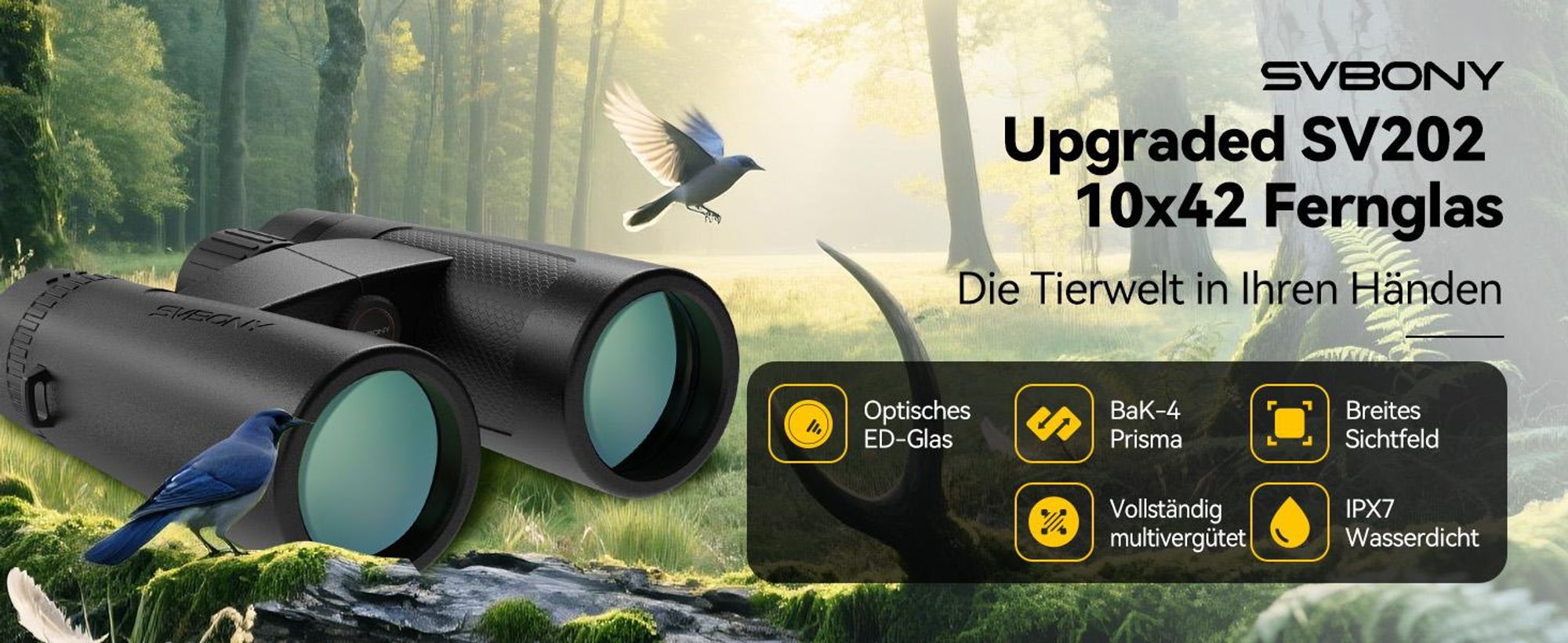 Svbony SV202 Upgraded 10x42 ED Fernglas, BAK4 Prisma, FMC, IPX7, Phasenkorrektur, Dielektrische Prismenbeschichtung, Weitwinkel, für Vogelbeobachtung