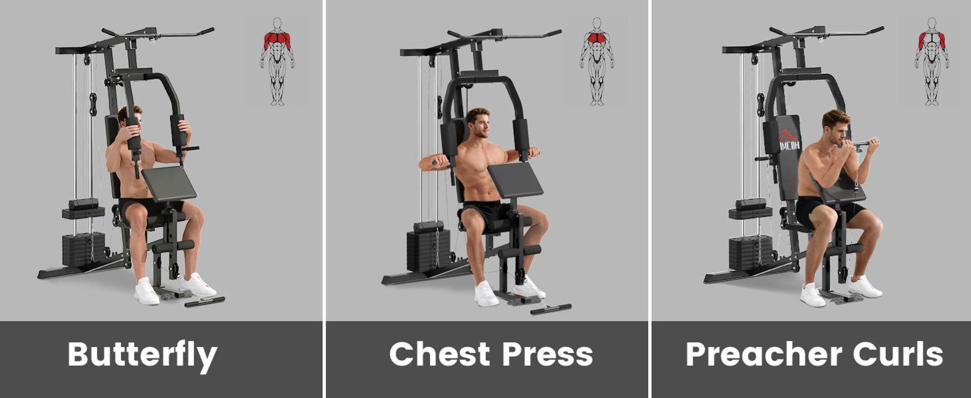 Siłownia domowa HOMCOM z drążkiem do podciągania na drążku, drążkiem do podciągania na linkach, krótkim sztangą do bicepsów, prasą do klatki piersiowej, trenażerem nóg, maszyną do ćwiczeń motylkowych, ciężarkami 45 kg, wielofunkcyjną stacją fitness, kolor czarny