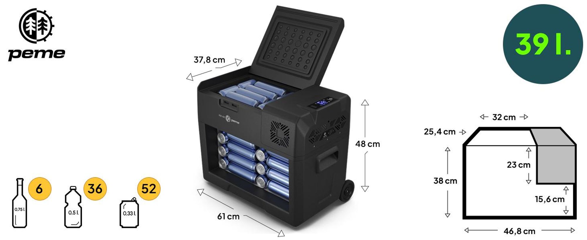 Lodówka turystyczna PEME Expedition z kompresorem, 39 l, Dark Sky – lodówka samochodowa 230 V, elektryczna zamrażarka, do ciężarówek, samochodów i na kemping, na kółkach, z aplikacją, -20°C