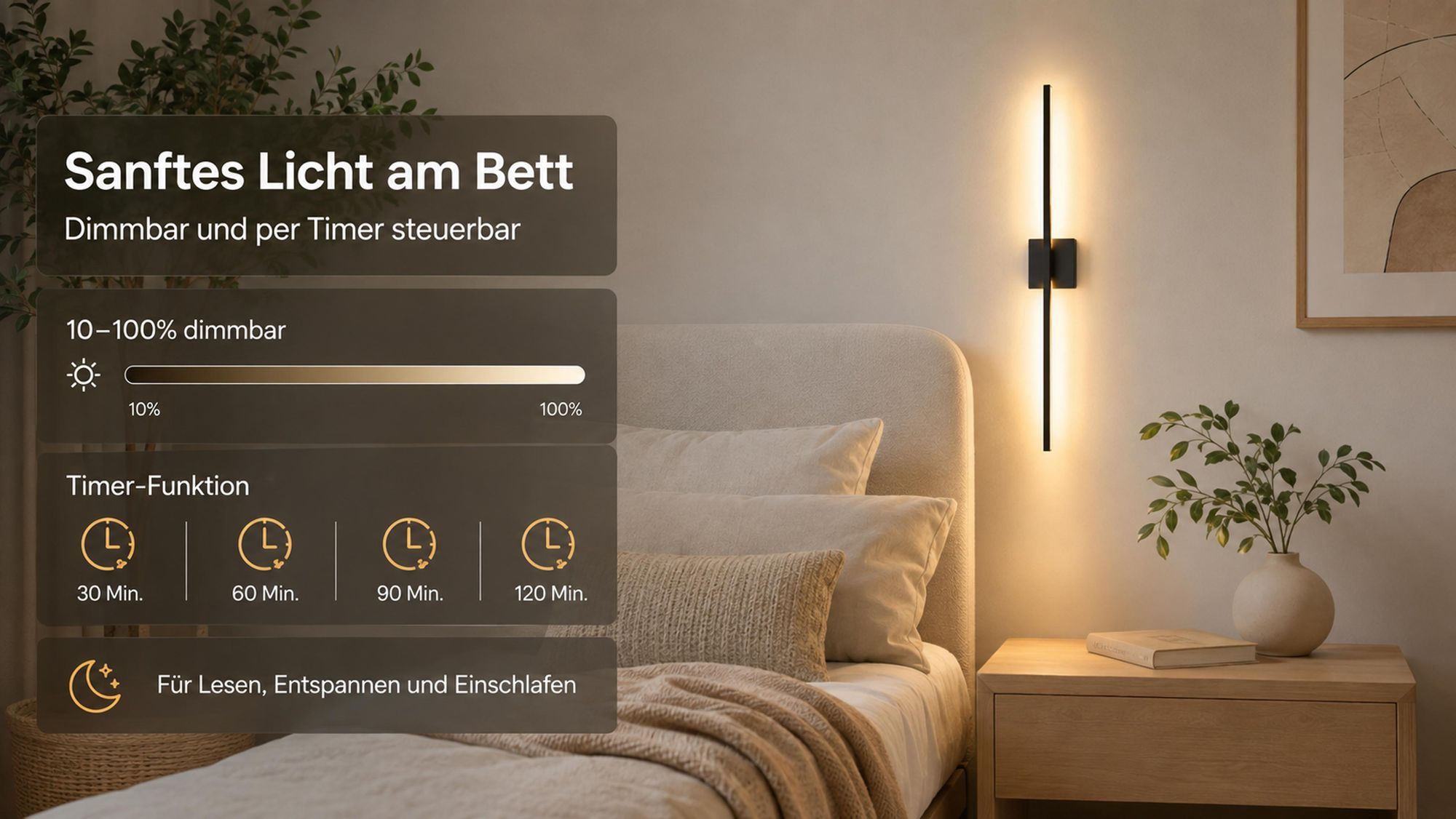 100cm Innen Akku Wandlampe mit Fernbedienung & Schalter, Kabellos Wandleuchte, Dimmbar, 360° schwenkbar, für Wohnzimmer/Schlafzimmer/Flur/Treppenhaus 2er Pack