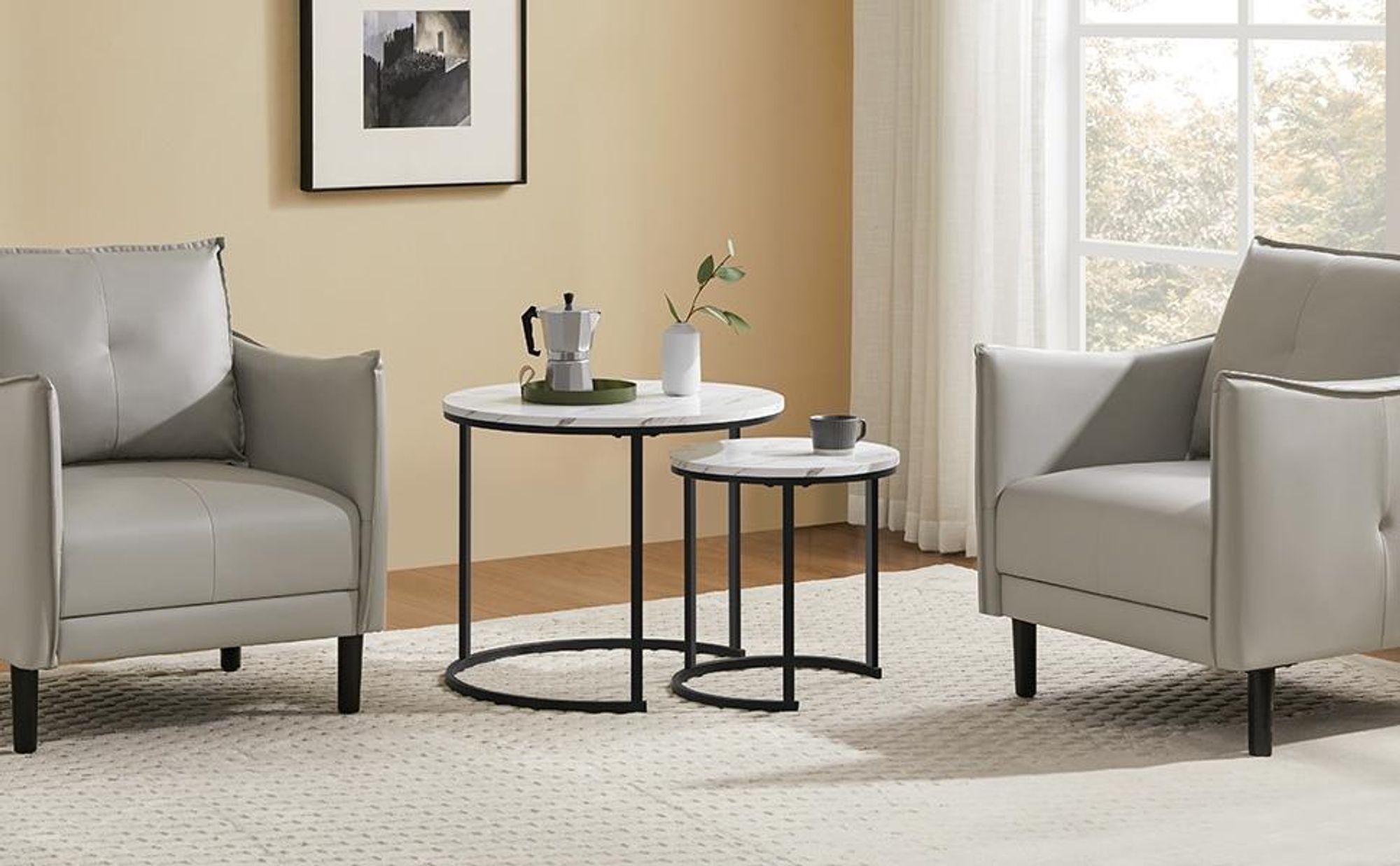 Yaheetech Couchtisch 2er Set, runder Beistelltisch Set, Sofatisch mit Metallgestell, Satztische für Wohnzimmer Schlafzimmer, Weiß