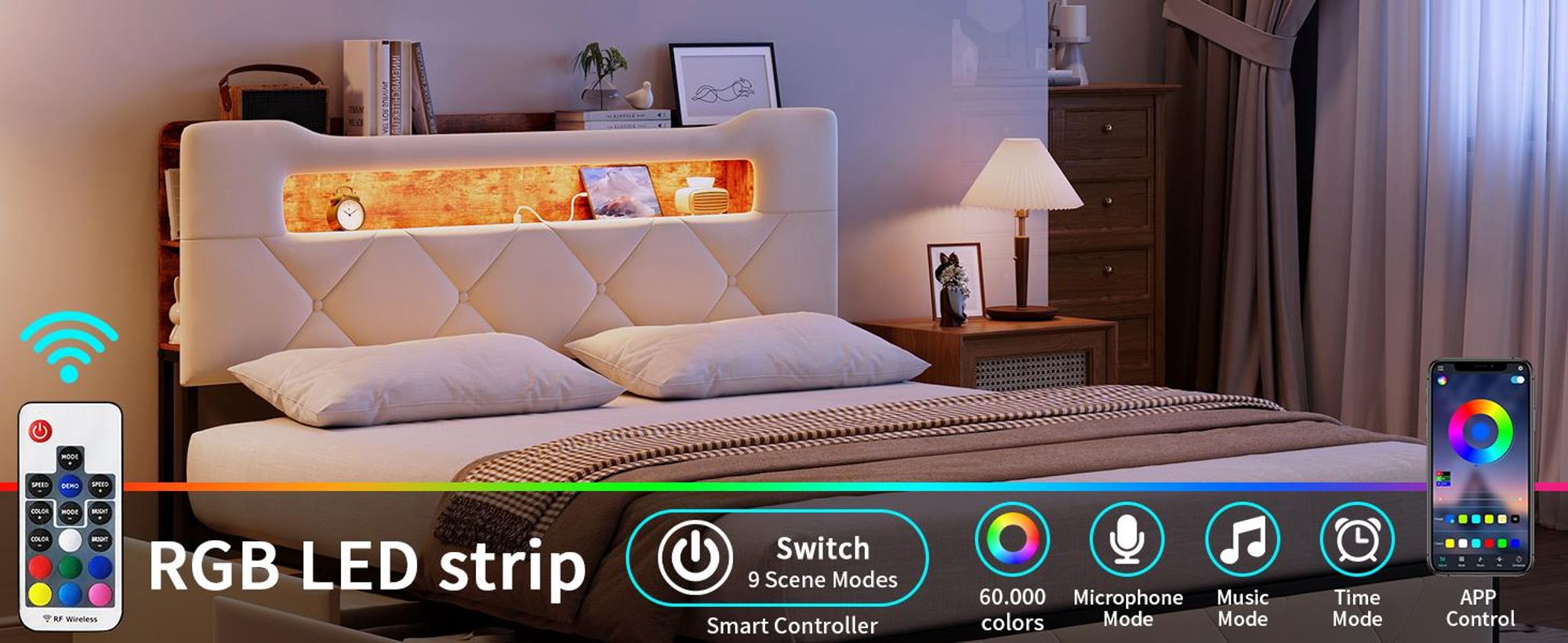 Bett 160 x 200 cm mit LED & USB, gepolstertes Doppelbett mit 4 Schubladen, gepolstertes Bett mit großem Stauraum, bettgestell ,jugendbett ,Beige