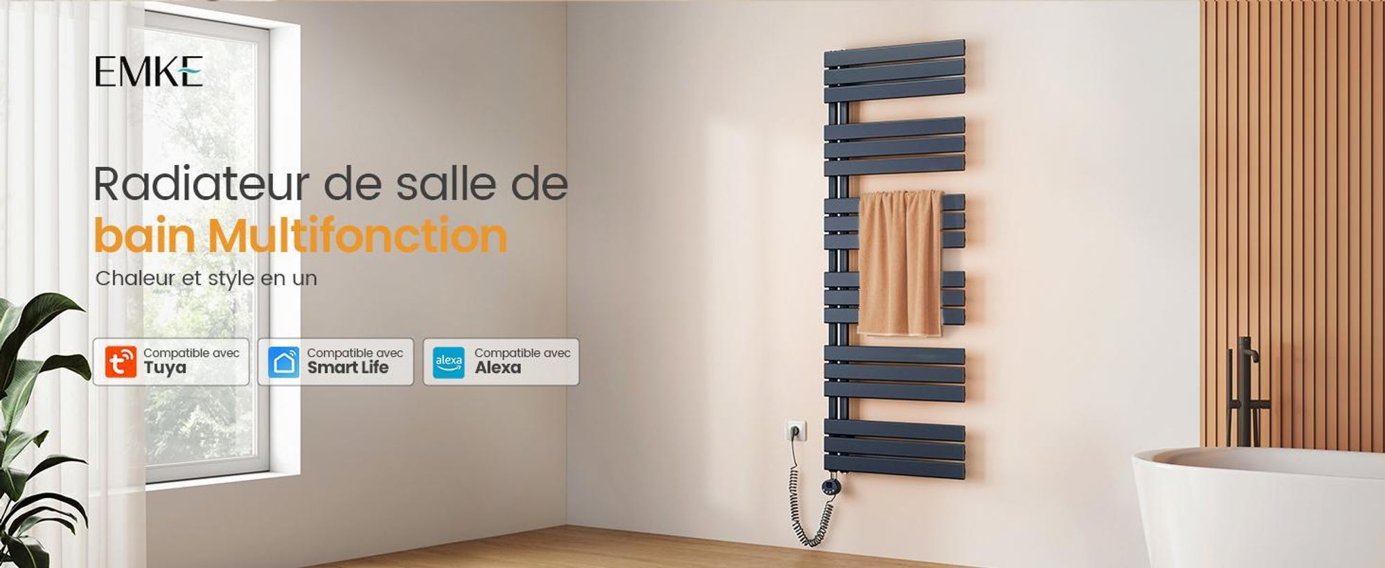 Radiateur de salle de bain EMKE électrique avecvia application Wi-Fi Thermostat Sèche-serviettes 1320 x 500 mm Anthracite Porte-serviettes 800 W Sèche-serviettes