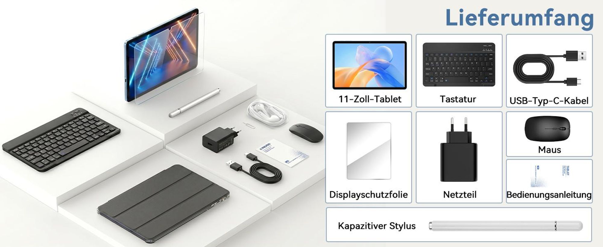 T70 Android 16 Tablet 11", 32GB+256GB(2TB TF), 180Hz Touch, 90Hz Display, 8000mAh, 8MP+13MP, mit Stylus/Cover/Tastatur/Maus, Gesichtserkennung