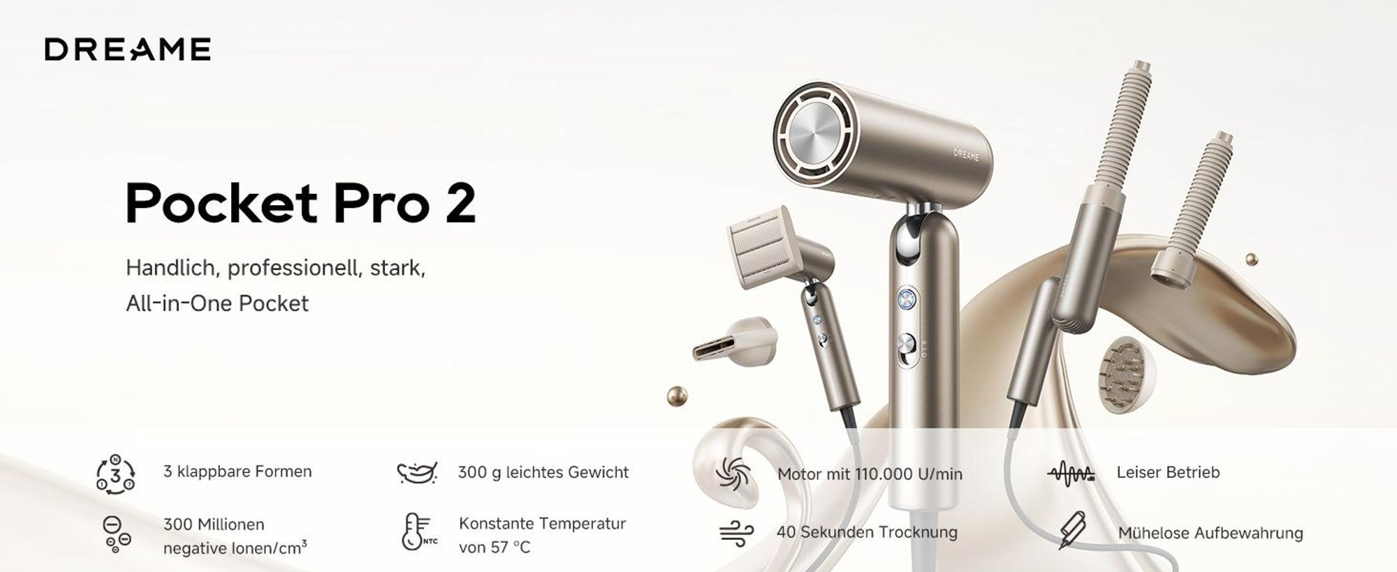 Dreame Pocket Pro 2, 110000 RPM, 70 m/s, 60 dB, Gold, 1,8 m, 1300 W