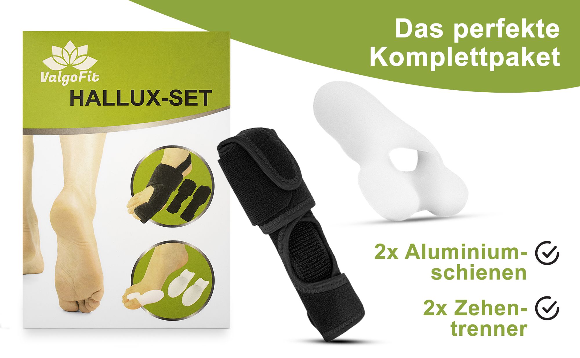 Valgofit® Hallux Valgus Korrektur Schiene für den Fuß inkl. 2x Zehenspreizer aus Silikon - für Tag und Nacht - Universalgröße - BPA frei - Nachtschien