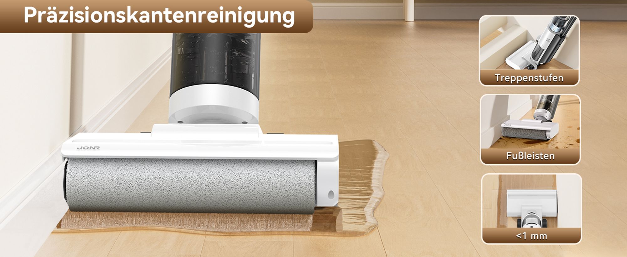 JONR ED12 lite Nass Trockensauger, 750mL Wassertank, 25-Minuten, Kantenreinigungsbürste, automatische Reinigungsfunktion für Hartböden