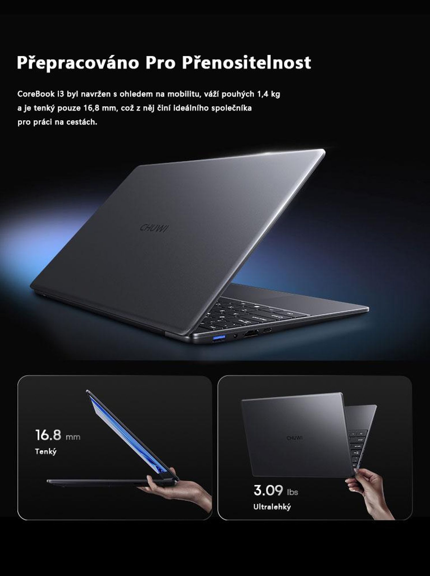Notebook CHUWI CoreBook-K1 s procesorem i3-10100Y, 14" FHD IPS displejem, 8 GB RAM, 256 GB SSD, Bluetooth a Windows 11