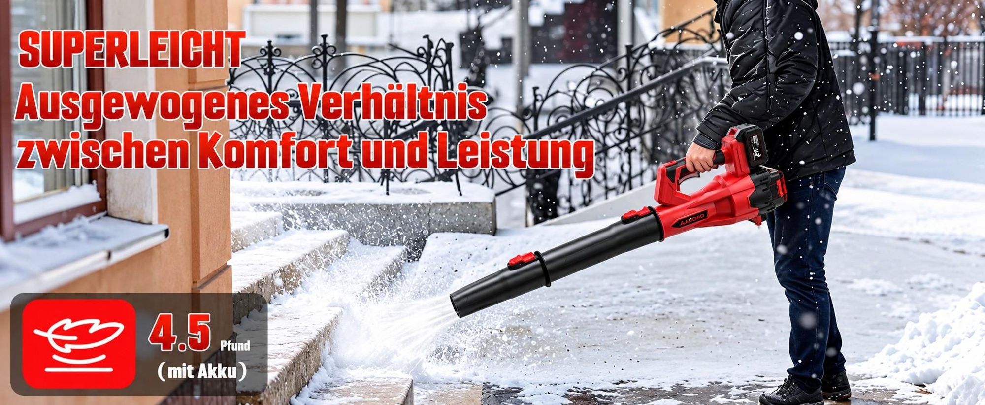 1000W Akku-Laubbläser 21V Brushless, 2×4,0Ah Akkus, 360 km/h, 6 Stufen mit Turbo,  kabelloser Laubbläser mit 2 Rohren