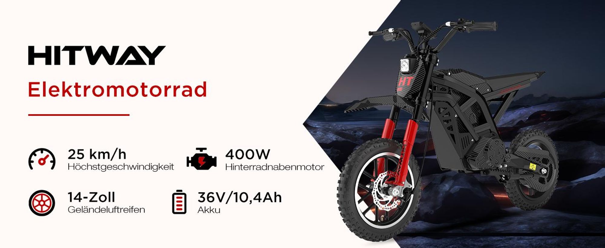 HITWAY HT100 Elektro-Kindermotorrad, 25 km/h, 30–45 km Reichweite, 36V 10,4Ah, 400W, mit LCD‑Display