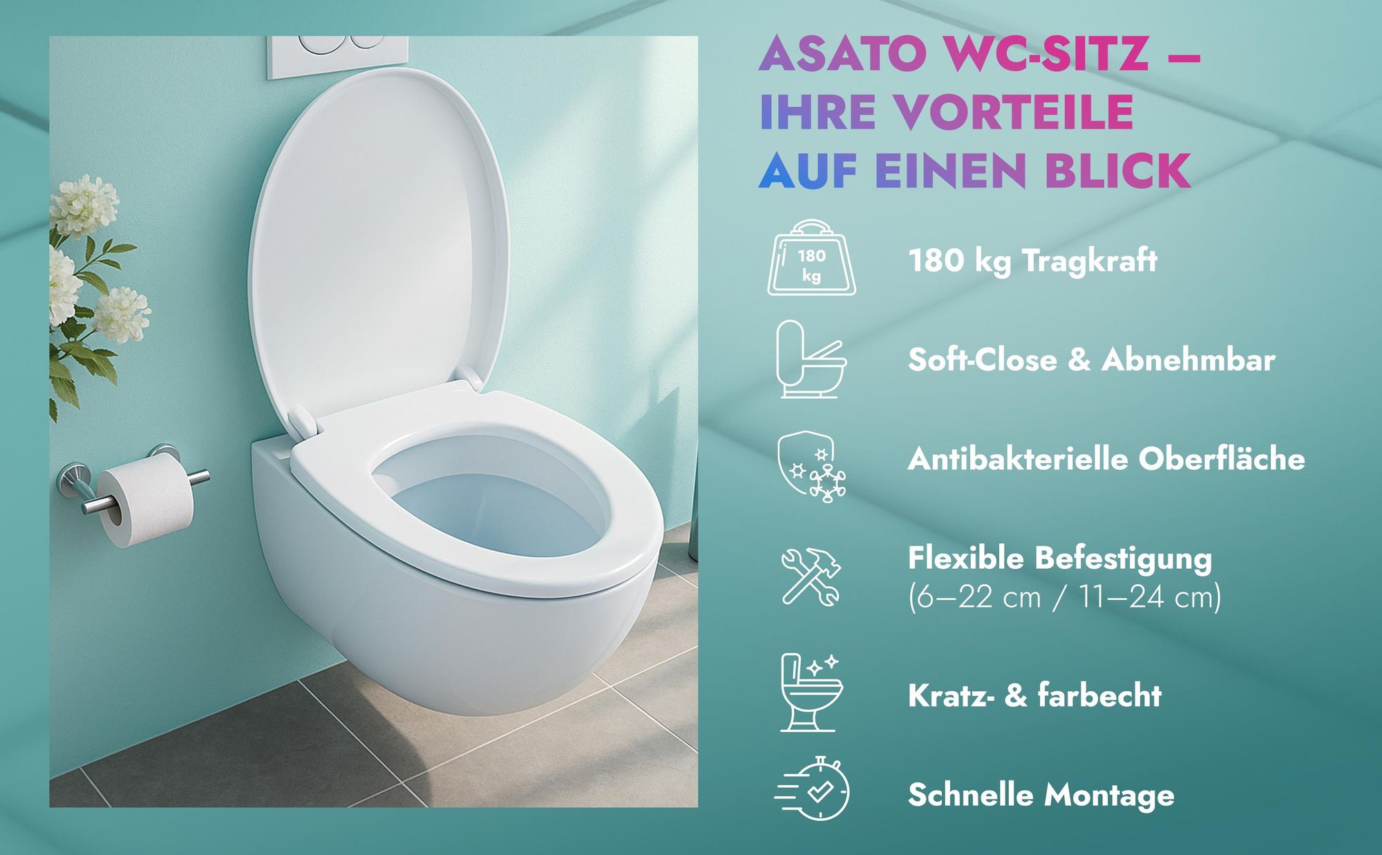 WC-Sitz mit Softclose, Toilettensitz mit Absenkautomatik, langsam schließender U-förmiger Toilettensitz, abnehmbarer Sitz, hart, universell, anti