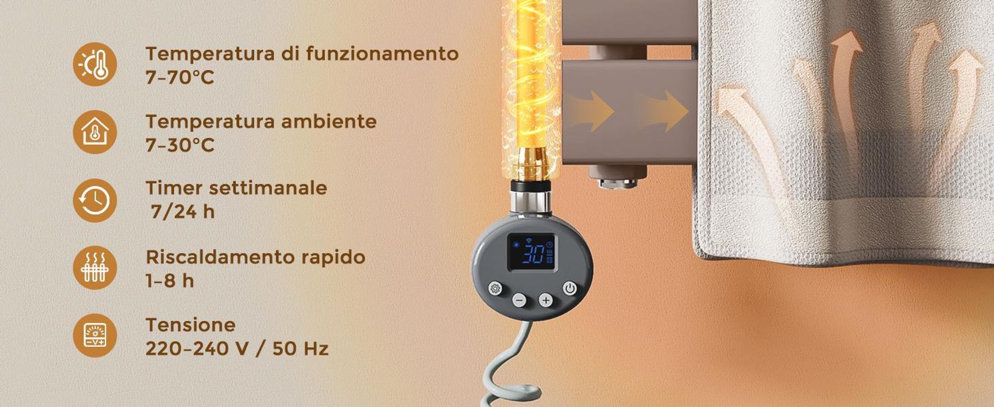 S'AFIELINA elemento riscaldante con termostato 900W, timer programmabile e display LCD, WiFi, per radiatori da bagno, acciaio inox, controllo intelligente, antracite