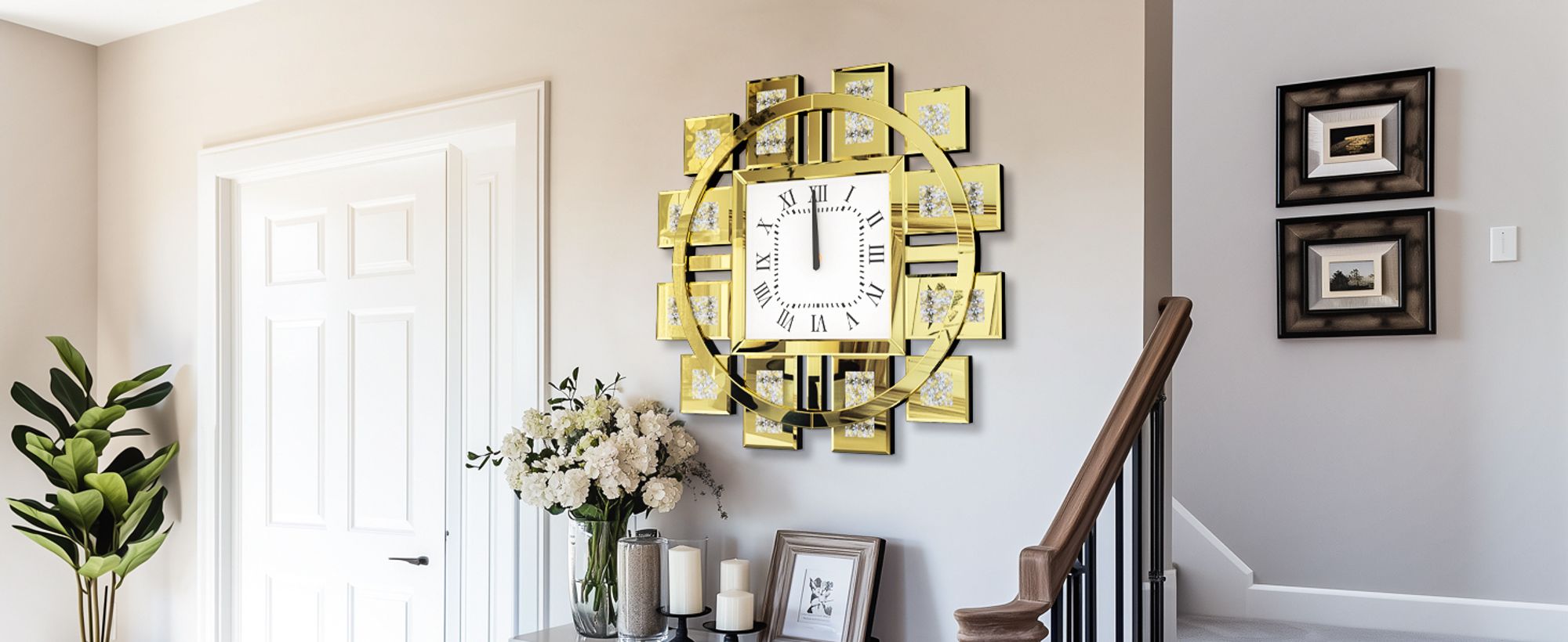 WISFOR Wanduhr 60 cm, rund Dekouhr, Atmosphera Küchenuhr Wohnzimmer Bürouhr, Leise Römischen Ziffernr, Glas, Gold