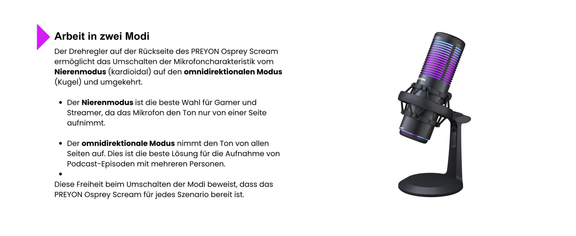 PREYON Osprey Scream Mikrofon RGB, Nierencharakteristik, Aluminiumgehäuse, Stummschalttaste, Lautstärkeregler, Mini Jack 3,5 mm, Plug and Play