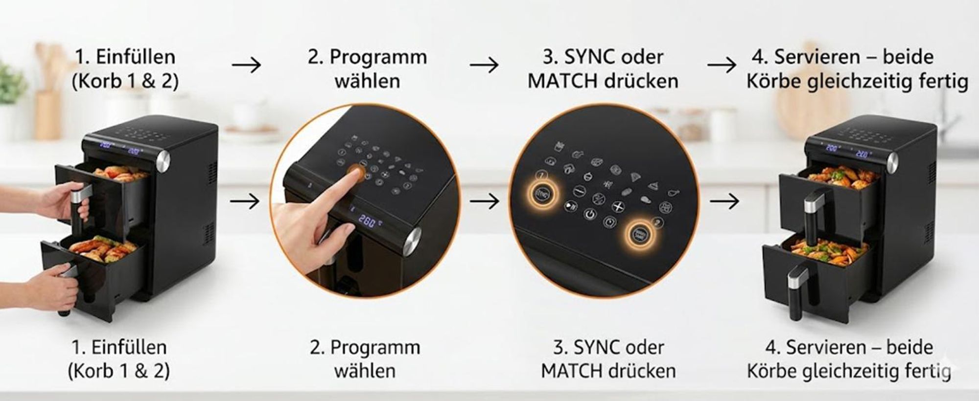 ZMH Heißluftfritteuse Airfryer 2 Kammern 11L 3in1 Air Fryer Dual Zone Doppelkammer übereinander 2800W Heissluftfritteuse mit Touchscreen & Timer