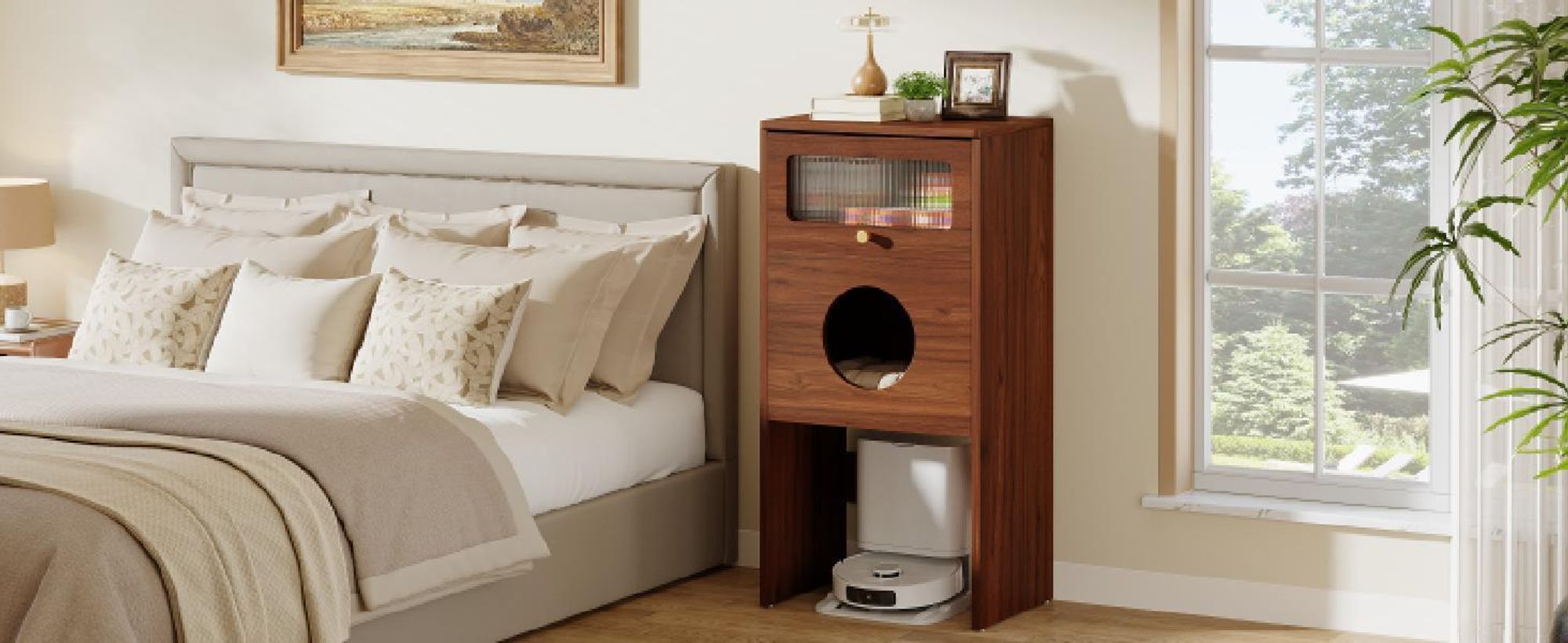 Lettiera Tribesigns, struttura in legno di noce, con ingresso rotondo e porta scorrevole, lettiera alta in legno per soggiorno, camera da letto e stanze strette