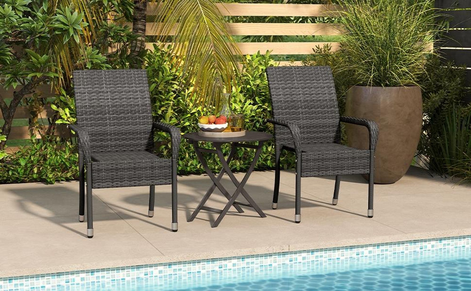 Yaheetech 2er Set Gartenstuhl aus Polyrattan, stapelbare Rattan-Stühle, mit Armlehnen & Rückenlehne, verstellbare Schutzfüße, Grau