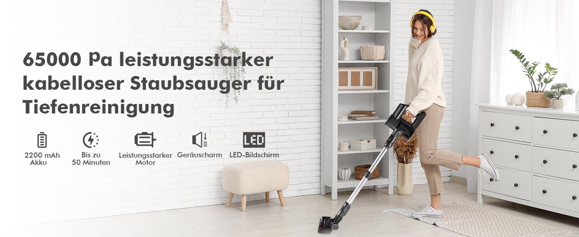 65000PA/500W Akku Staubsauger Kabellos, 6-in-1 Bürstenloser Staubsauger, Touch Display, Anti-Tangle-Staubsauger, Starke Saugleistung Staubsauger