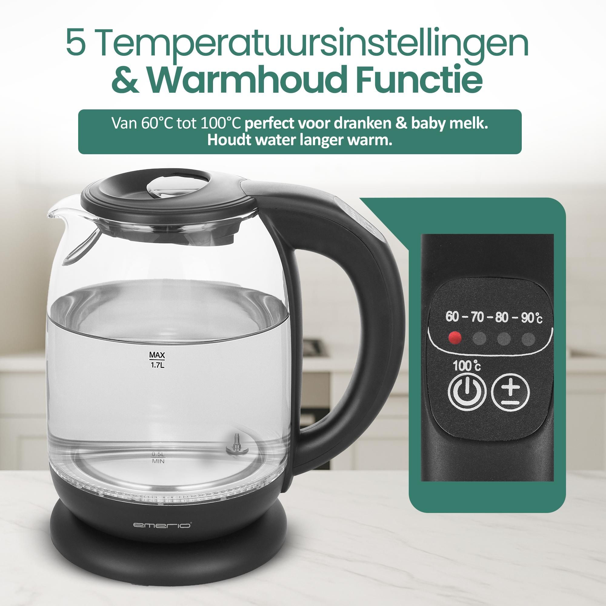 Emerio Waterkoker WK-119255.5 – 1,7 Liter – 2200 W – Instelbare Temperatuur – LED-verlichting