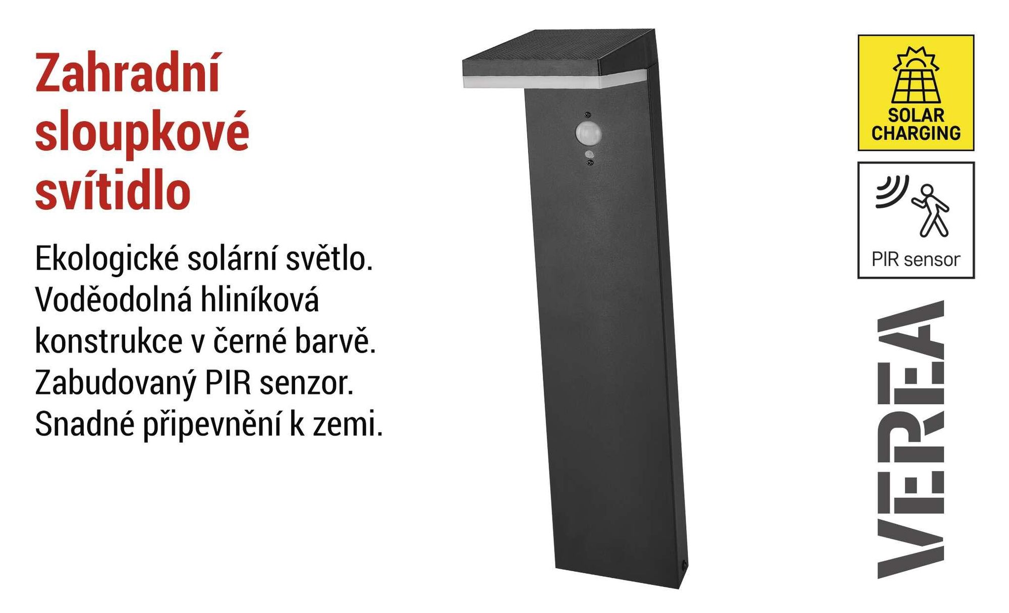 EMOS Solární LED stojací lampa VEREA s detektorem pohybu pro zahradu, vodotěsná, 460lm, teplá bílá, z hliníku pro montáž na zem, ZGK0B4S