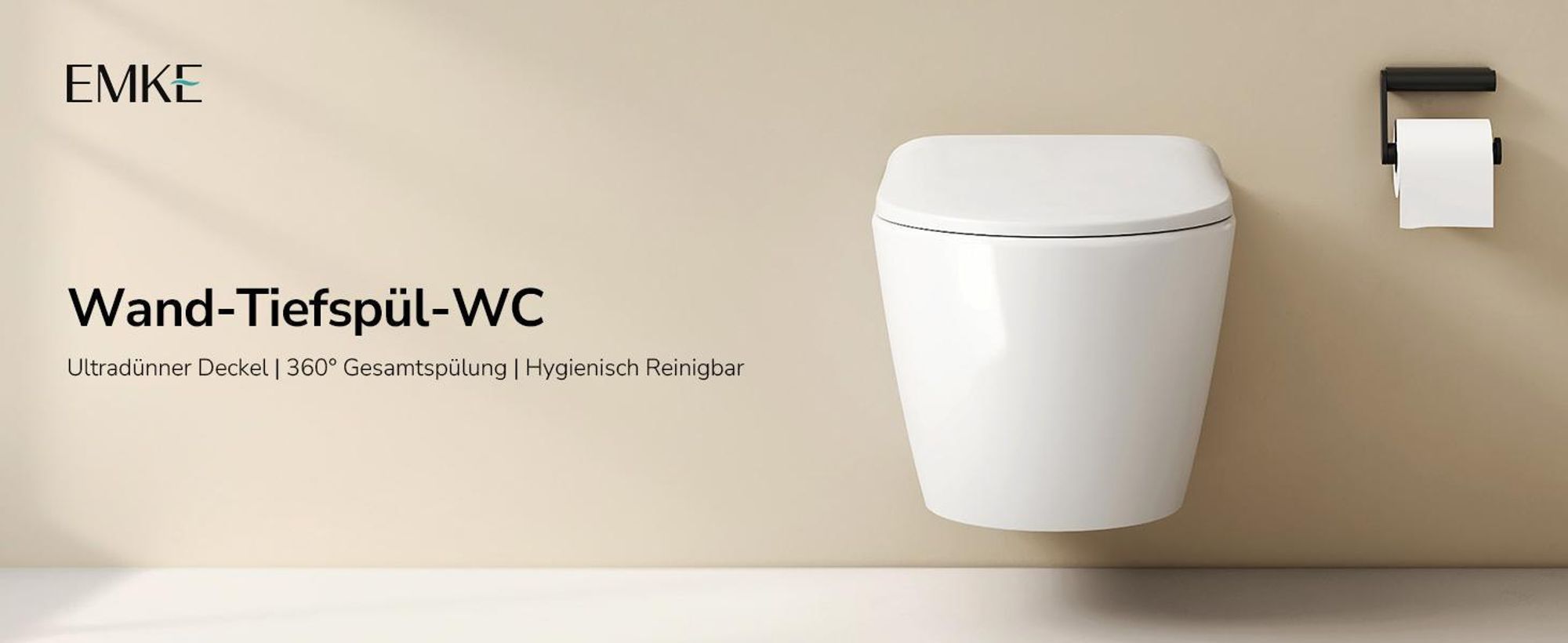 EMKE Hänge-WC spülrandlos Keramik Wassersparend Wandmontage Toilette mit Direktspülung Doppel-Loch-Gegenspülung Soft-Close Deckel Glänzendweiß