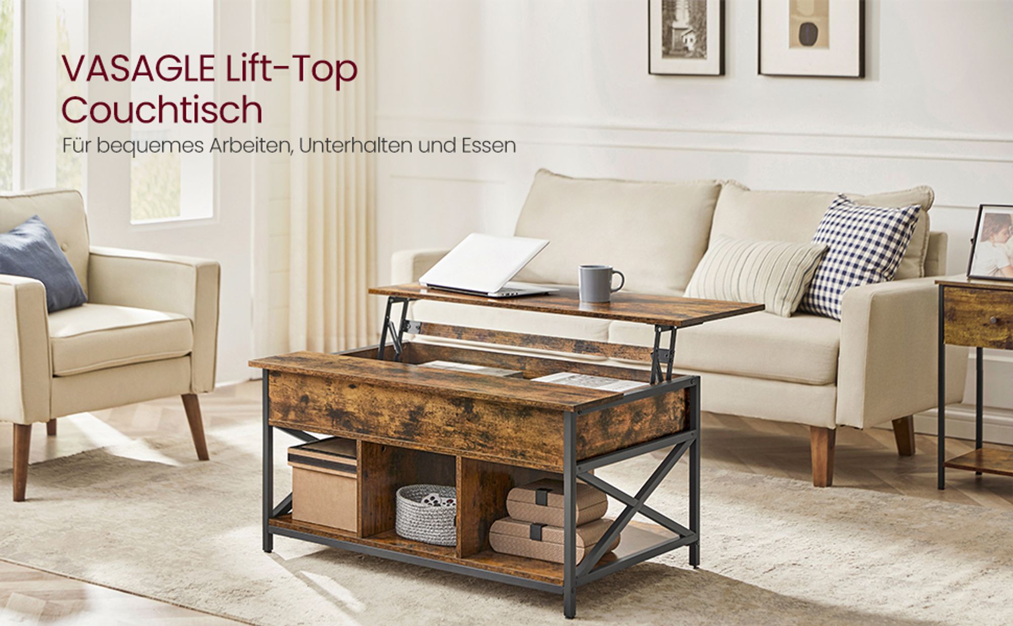 VASAGLE Couchtisch, höhenverstellbar, 60 x 100 x (48-62) cm, versteckter Stauraum