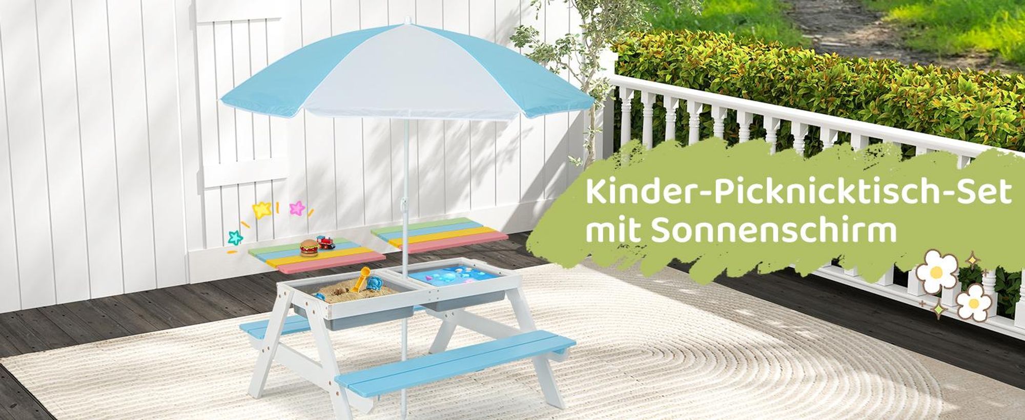COSTWAY 3 in 1 Kinder Picknicktisch, Gartentisch mit Sonnenschirm & Bänke, Kindersitzgruppe aus Holz mit Tischplatte & 2 Spielboxen, Weiß+Blau