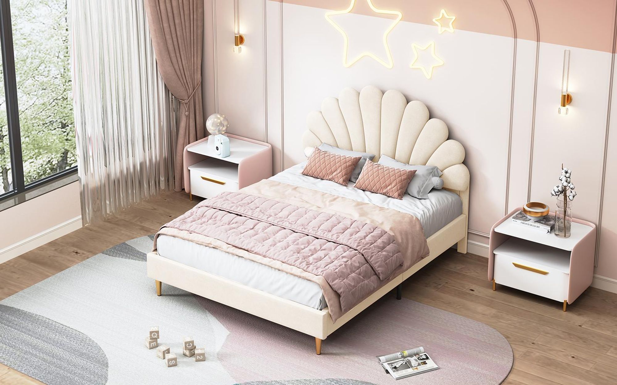 INONEFT Polsterbett Kinderbett 140x200 cm, Doppelbett für Mädchen, Jugendbett Bettgestell mit Blumenförmigem Kopfteil und Lattenrost, Samt Beige