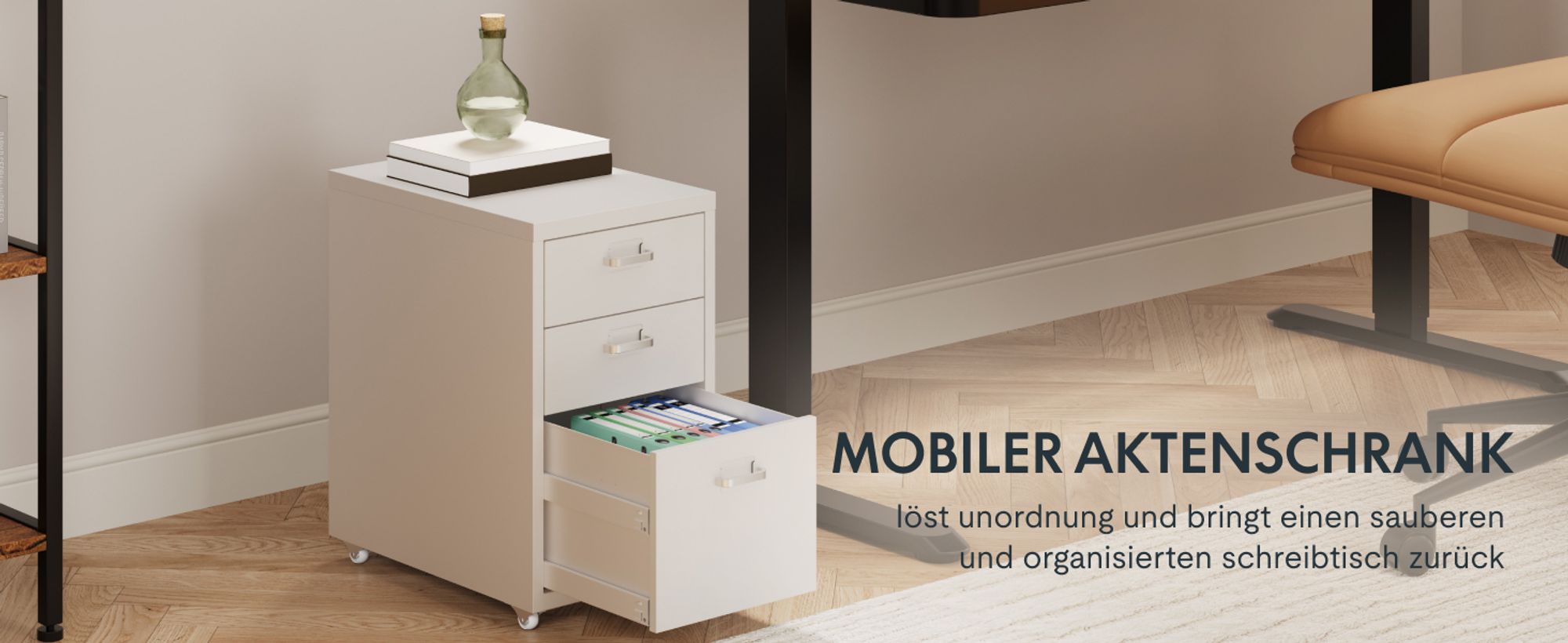 FLEXISPOT Rollcontainer Büroschrank mit 3 Schubladen, Aktenschrank Metallschrank Kommode mit Rädern, Unterschrank für Zuhause und Büro (Weiß)