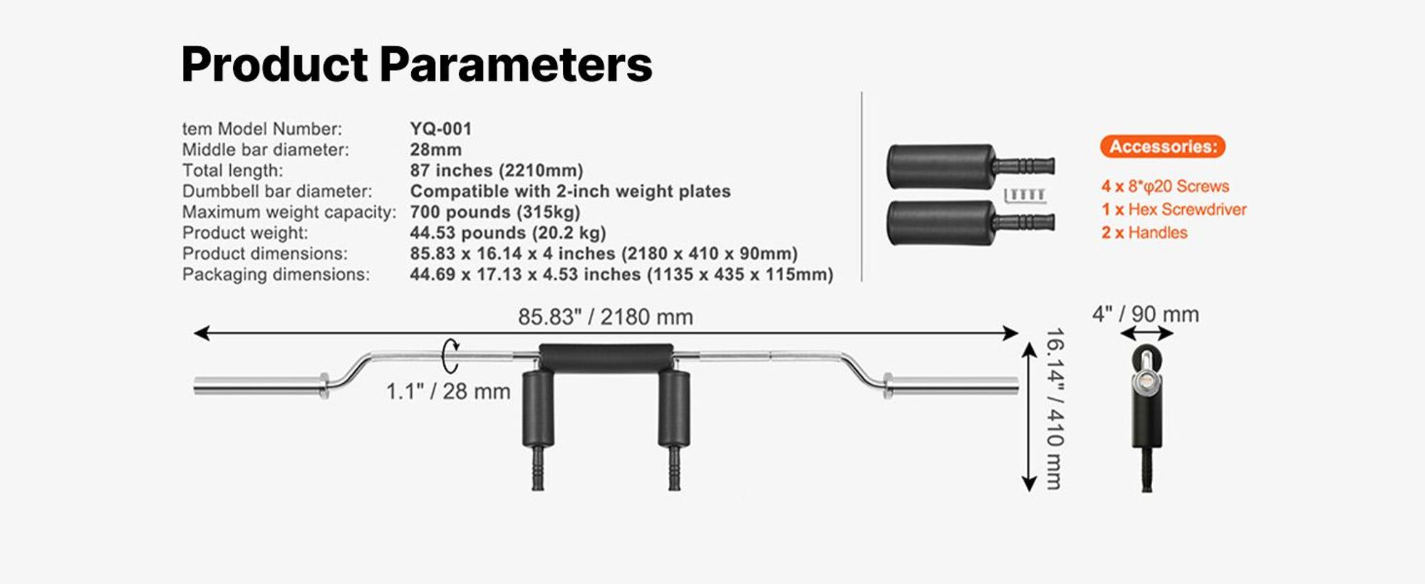 VEVOR Sicherheitskniebeuge-Stange, 1.500 LBS Fitness Kniebeuge-Stange, Sicherheitskniebeuge-Stangenaufsatz mit Schulter- und Armpolstern, 32 mm Durchmesser Gewichtsstange, ideal für Frontkniebeugen, Ausfallschritte, Rehabilitation, Physiotherapie, Abnehmbar, 315 kg
