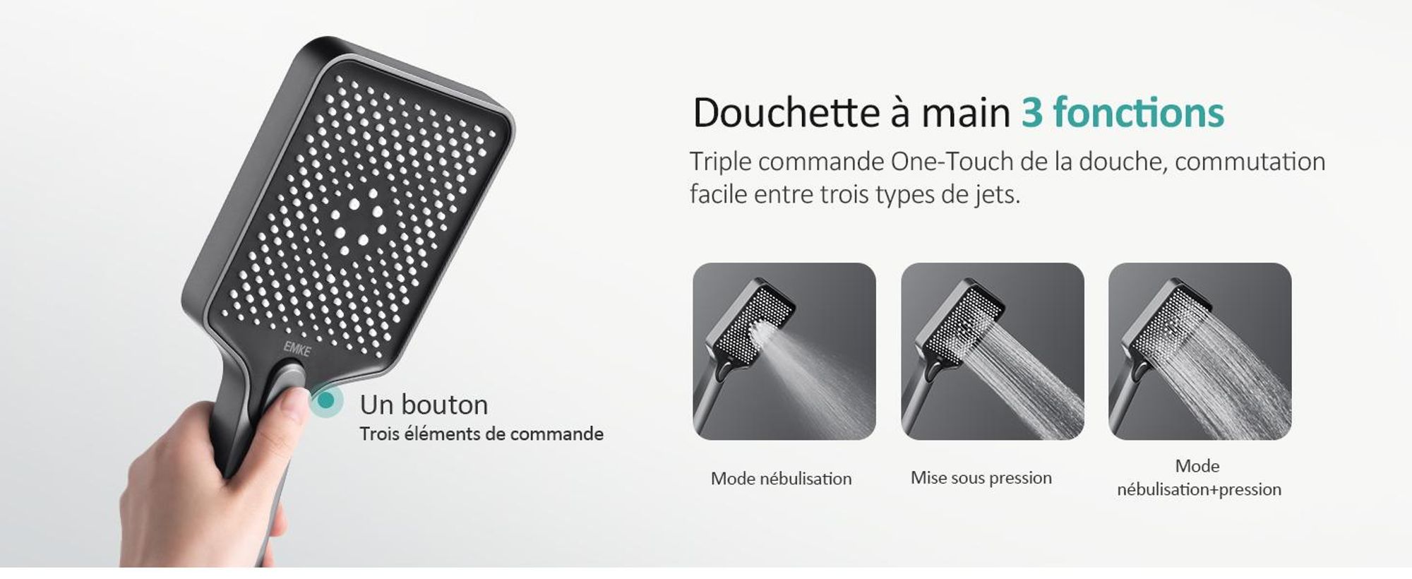 EMKE Système de douche avec thermostat, set de douche en acier inoxydable avec douchette à main 3 fonctions, robinetterie de salle de bain & douche,  KTW, gris- F08